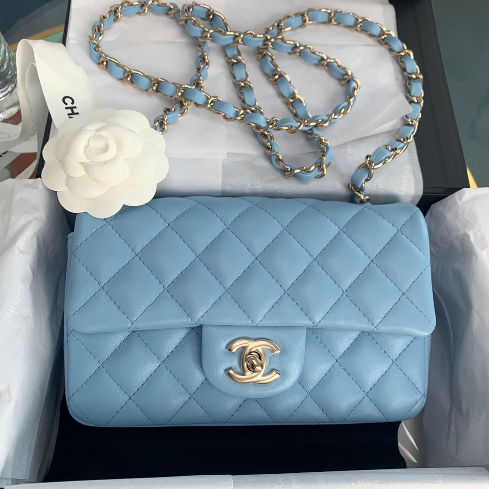 22S CHANEL  Blue Classic Mini Flap Bag Lambskin Rectangular 2022 GHW NWT - Picture 14 of 15